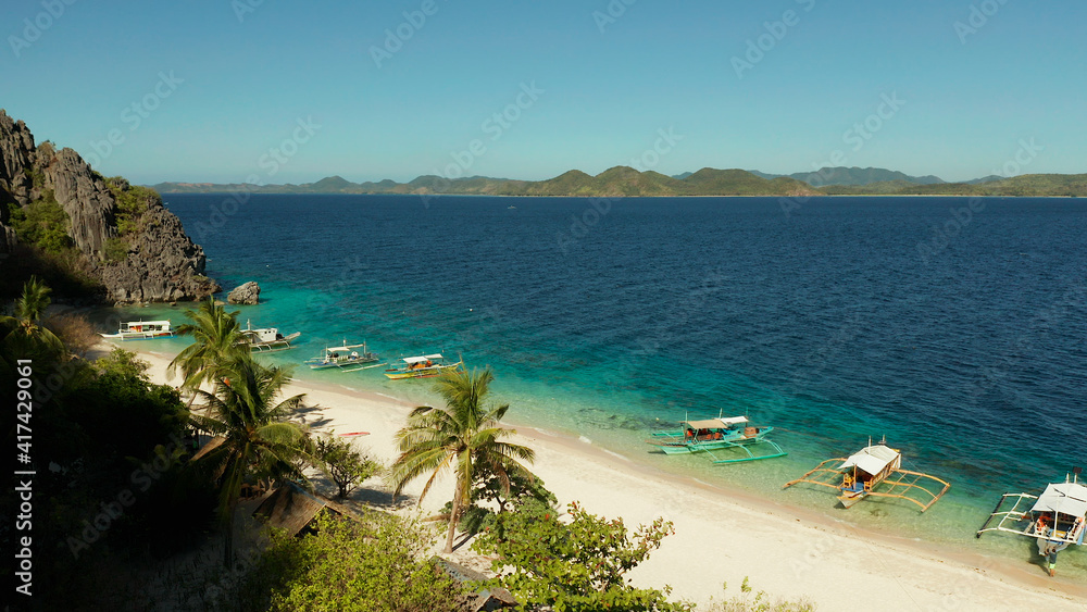 aerial drone tropical island and sand beach with palm trees. Malajon Island, Philippines, Palawan. tourist boats on coast tropical island. Summer and travel vacation concept. beach and blue clear sea