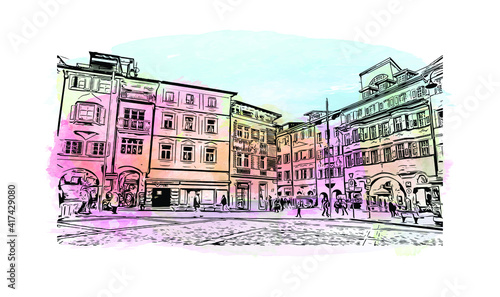 Building view with landmark of Bolzano is a city in the South Tyrol province of north Italy. Watercolour splash with hand drawn sketch illustration in vector.