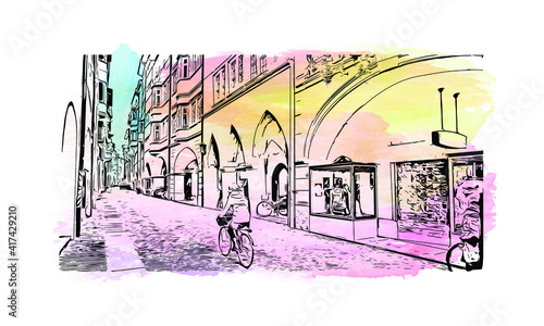 Building view with landmark of Bolzano is a city in the South Tyrol province of north Italy. Watercolour splash with hand drawn sketch illustration in vector.