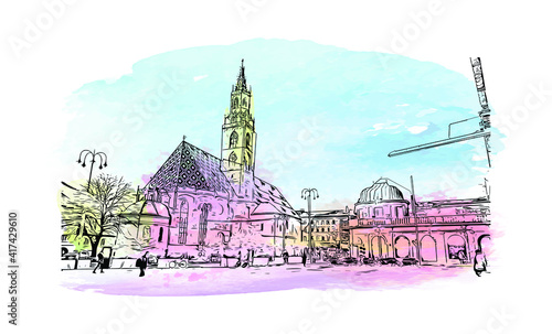 Building view with landmark of Bolzano is a city in the South Tyrol province of north Italy. Watercolour splash with hand drawn sketch illustration in vector.