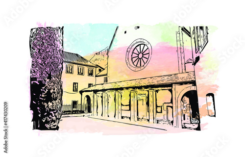 Building view with landmark of Bolzano is a city in the South Tyrol province of north Italy. Watercolour splash with hand drawn sketch illustration in vector.
