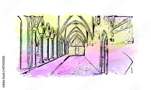 Building view with landmark of Bolzano is a city in the South Tyrol province of north Italy. Watercolour splash with hand drawn sketch illustration in vector.