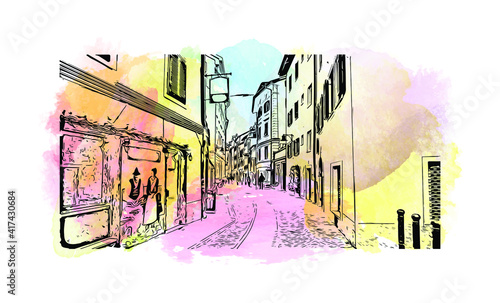 Building view with landmark of Bolzano is a city in the South Tyrol province of north Italy. Watercolour splash with hand drawn sketch illustration in vector.