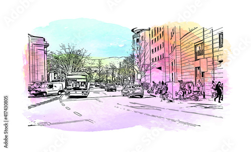 Building view with landmark of Bolzano is a city in the South Tyrol province of north Italy. Watercolour splash with hand drawn sketch illustration in vector.