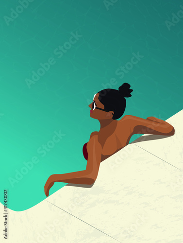 Digital illustration of a beautiful girl resting on vacation swimming and sunbathing in the pool