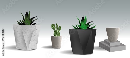 A set of pots of different shapes  empty pots and pots with flowers and plants. Potted Plants EPS 8 vector  grouped for easy editing  no open shapes or paths.