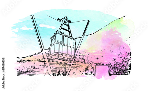 Building view with landmark of Bolzano is a city in the South Tyrol province of north Italy. Watercolour splash with hand drawn sketch illustration in vector.