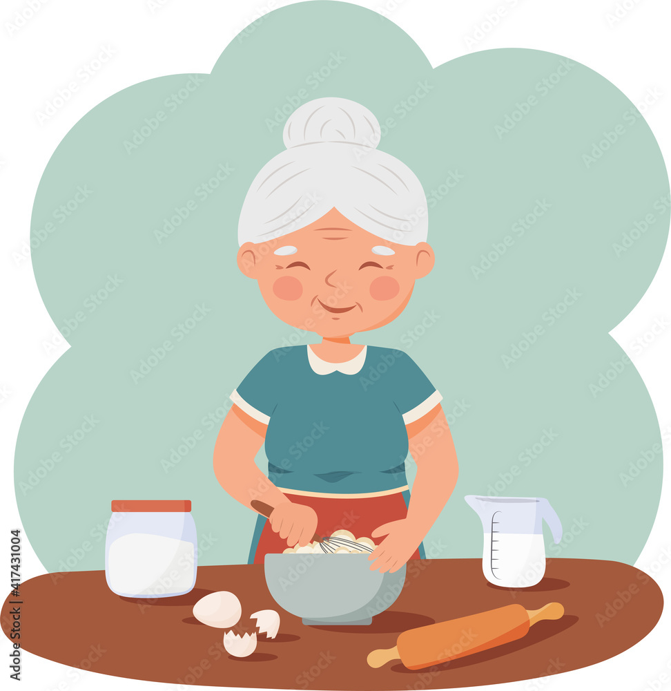 Cute old woman cooks. Vector flat illustration. Cute old woman cooks. Vector flat illustration.