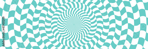 Vector illustration of checkered pattern with optical illusion. Op art abstract background. Long horizontal banner.