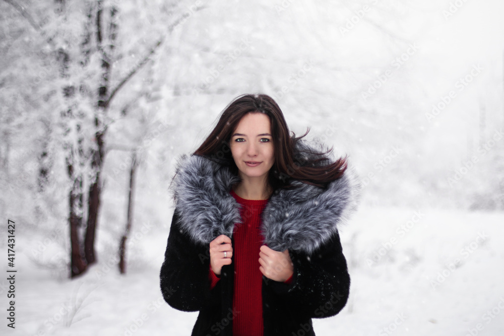 girl in the fur coat in the cold in winter girl in the fur coat in the cold in winter