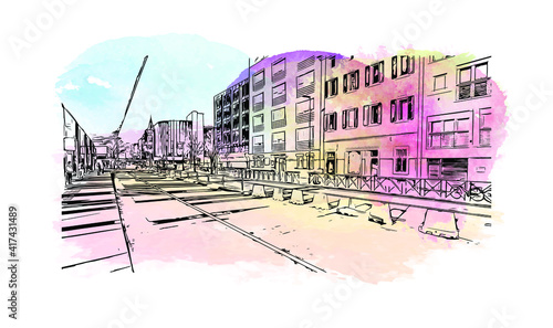 Building view with landmark of Bolzano is a city in the South Tyrol province of north Italy. Watercolour splash with hand drawn sketch illustration in vector.