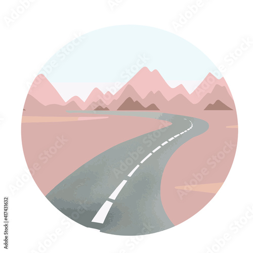 Hand drawn digital vector illustration of landscape with mountains in a circle