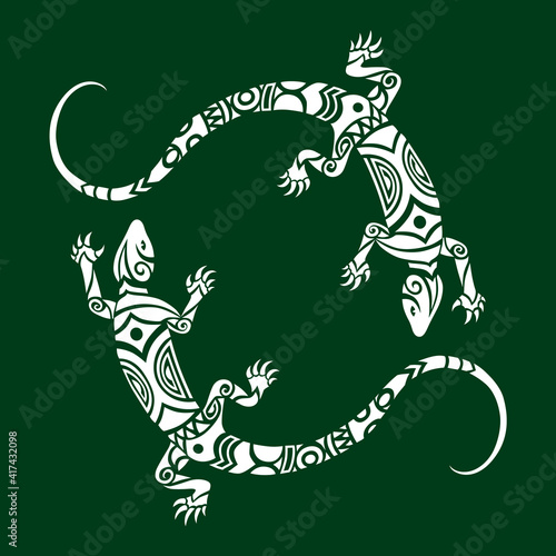 Lizards illustration Maori style. Round emblem or logo. White on green background.