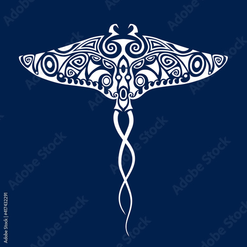Manta ray illustration in Maori style. Ornament for divers. White on blue background.
