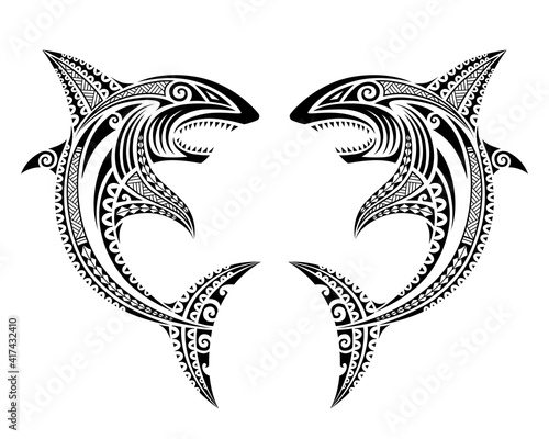 Sharks attack fish illustration Maori polynesian tattoo style. Tribal ethno style ornamental vector sketch.