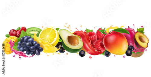 Juice splashes of fruit and berries mix. Orange, mango, raspberry, avocado, plum, grapes, cranberries, black currant mixed juice. 3d vector realistic set