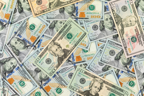 Texture US dollars. Bank background of 5, 10, 20, 50 and 100 dollar. Top view