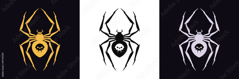 Spider logo with vampire skull and fangs. Golden, black and silver spider silhouette Spider logo with vampire skull and fangs. Golden, black and silver spider silhouette