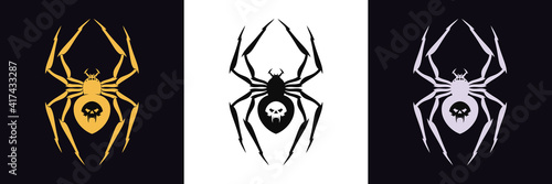 Spider logo with vampire skull and fangs. Golden, black and silver spider silhouette