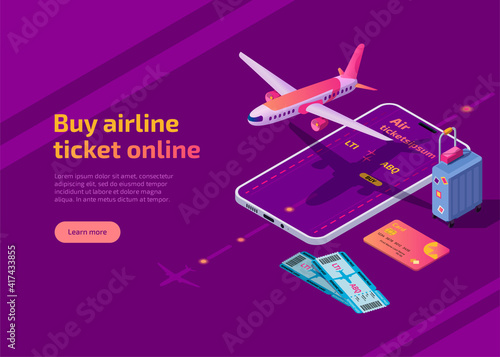 Buy airline ticket online isometric landing page. 3d vector web banner with plane in the air, bank card and suitcase. Booking application on smartphone screen. Airplane travel app for mobile phone.
