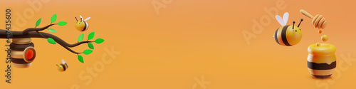 Banner. A beehive hanging on a branch. Sweet little bees flying. 3D illustration. Vector