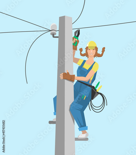 Woman electrician on a pole is engaged in repair of electric networks. Cheerful female working with electrical equipment. Vector flat design illustration.