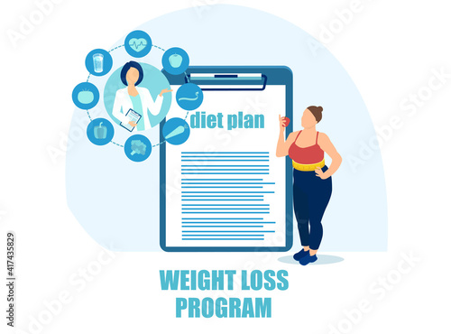 Vector of an overweight young woman following weight loss diet plan recommendation from a nutritionist