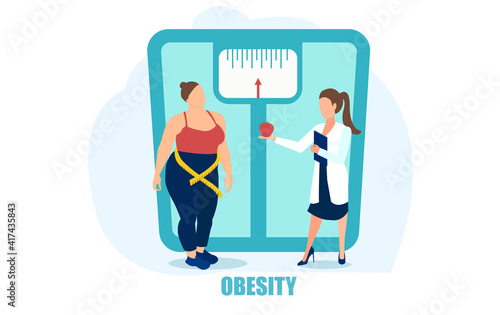 Vector of an overweight young woman being advised on a healthy diet