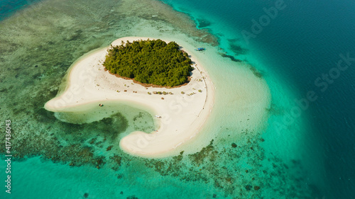 Tropical island with sandy beach by atoll with coral reef and blue sea, aerial view. Patawan island with sandy beach. Summer and travel vacation concept.