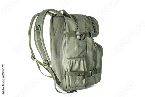 Backpack for hiking and hunting. Camouflage backpack suitable for the forest. Woodland camouflage military backpack. Military backpack isolated on white.