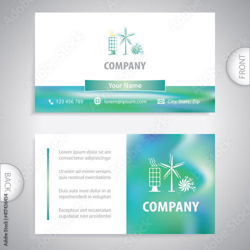 Business card template. Solar panels, wind turbines, hydroelectric power plants. Set of ecology, ecological problem and green energy icons.