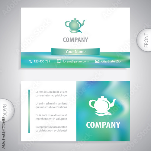 Business card template. Teapot with tea leaf. Concept for teahouses and restaurants.