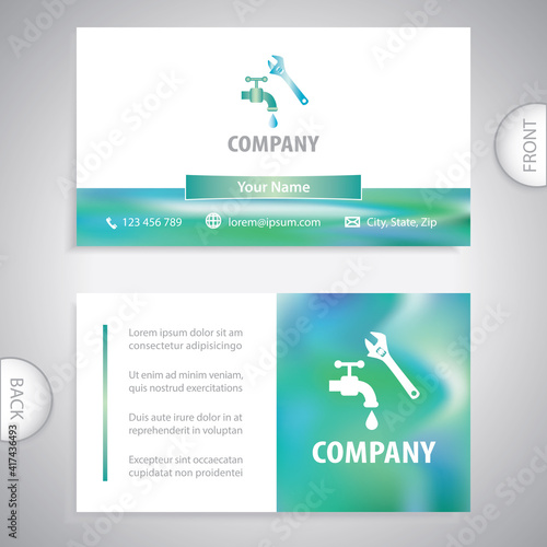 Business card template. Repair of the faucet with a multifunction key. Concept for plumbers service.