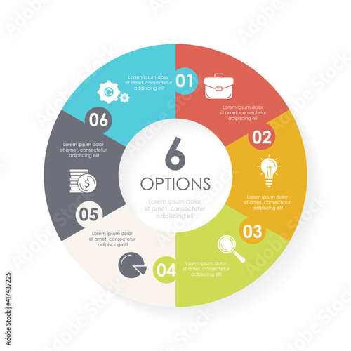 Vector circle chart infographic template for round diagram, graph, web design. Puzzle business concept with 6 steps, options or processes. Abstract background.