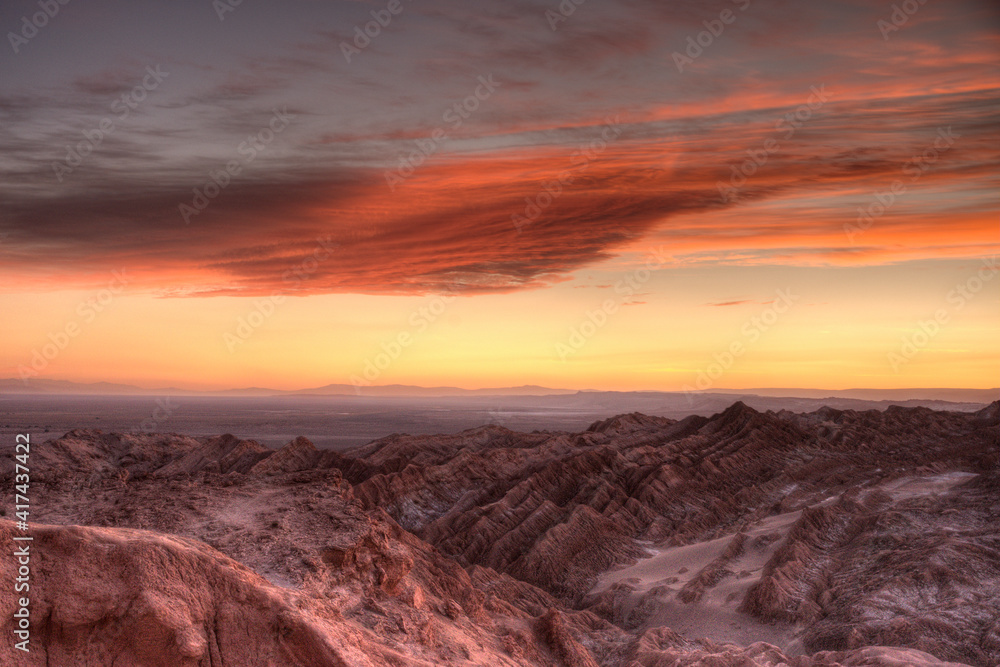 View of Valle de la Muerte after sunset, Valle de la Luna, Atacama desert, Chile
