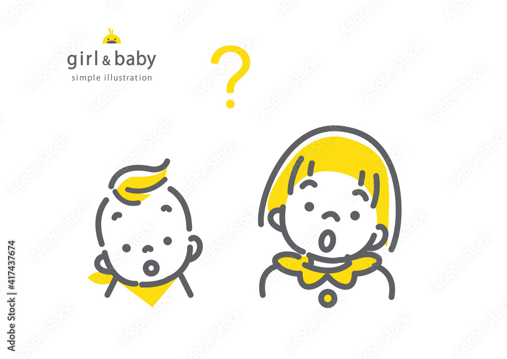 赤ちゃんと女の子のシンプルでかわいい線画イラスト　二色