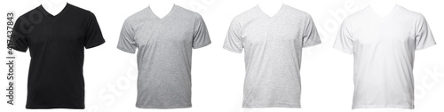 Real plain shortsleeve cotton V-Neck T-Shirt templates of various shades isolated on a white background photo