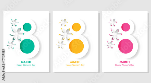 Happy Womens day banners set..Vector greeting card,invitation.,poster,banner .Template for 8 March with the decor of flowers and number 8.Spring or summer time.Origami 3D flower yellow,pink,blue.
