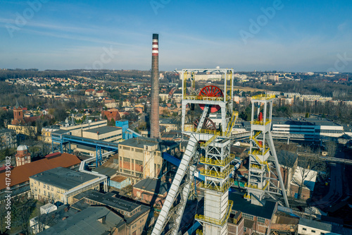 Aerial view of black coal mine in Poland. Industrial place from above. Heavy industry top view. photo