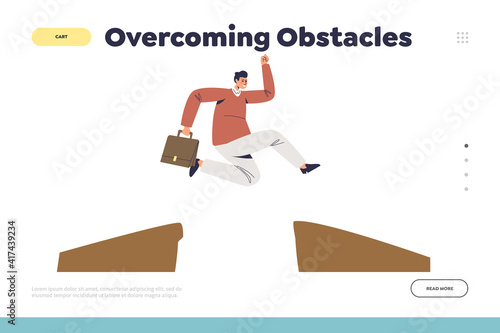 Overcoming obstacles concept of landing page with businessman jumping over gap