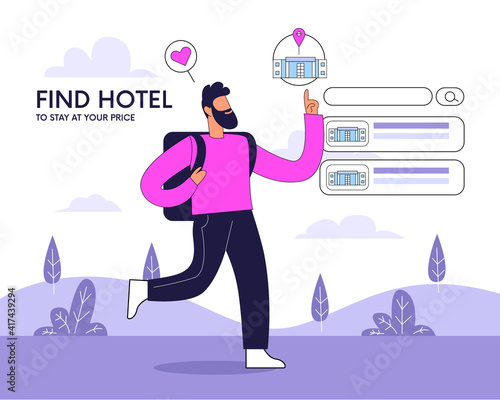 Boy booking hotel and search reservation illustration concept vector