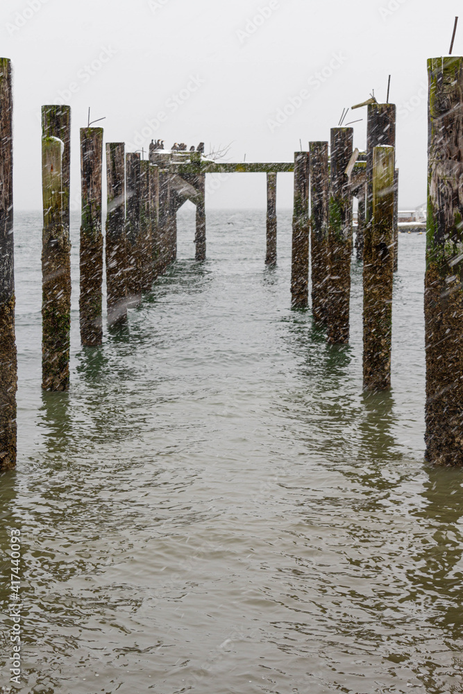 Rows of an old pier’s pilings going out into the ocean during a snowstorm under a cloudy sky.