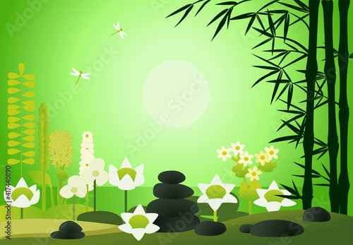 Summer landscape with pond, aquatic flowers, dragonflies, bamboo, massage stones
