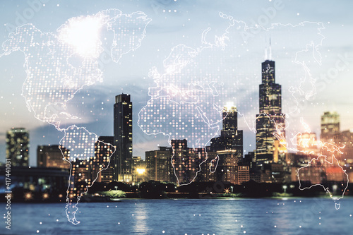 Multi exposure of abstract creative digital world map hologram on Chicago skyscrapers background, research and analytics concept