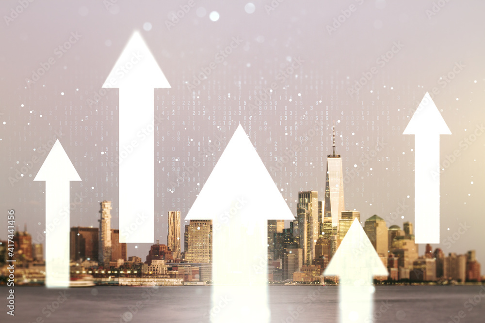 Abstract virtual upward arrows sketch on Manhattan cityscape background, target and goal concept. Multiexposure