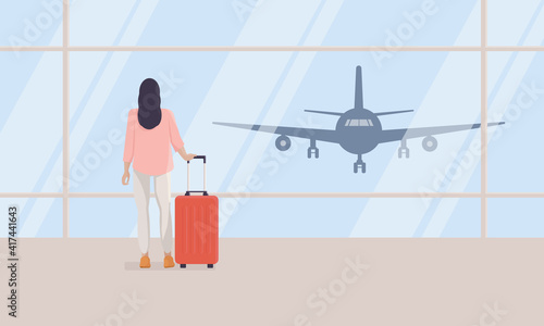 Woman at airport. Attractive young woman with hand luggage in empty waiting area of airport terminal looks out window at plane taking off. Concept of vacation or business trip. Vector illustration