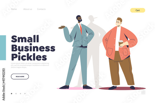 Small business pickles concept of landing page with businessman lying to partner