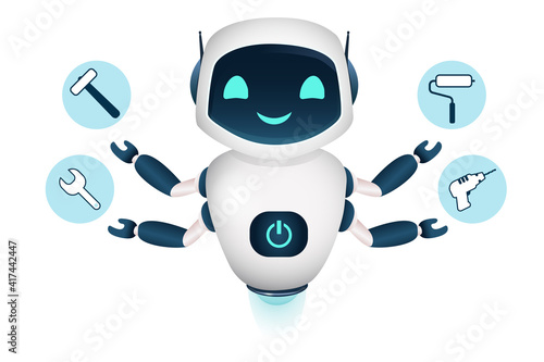 robot Repairman with Building Tools Drill and Hammer, roller and spanner. Vector Illustration Home Master, isolated
