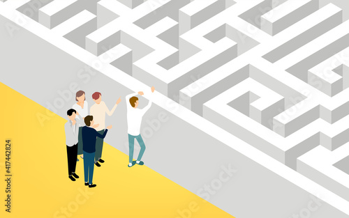壁を越えて迷路に入ろうとする人のイラスト、アイソメトリック