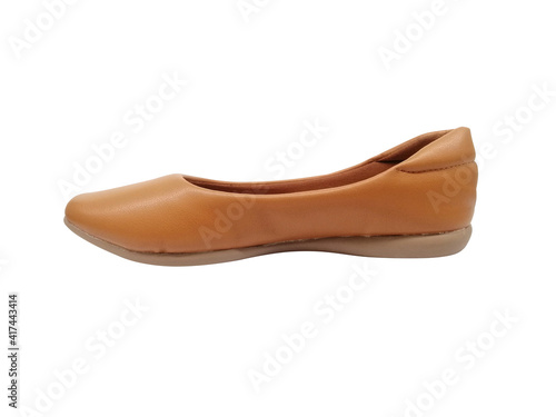 Ladies low wedge heel court shoe comfy loafer office. Cream court shoe block heel leather, isolated on white background with clipping path.